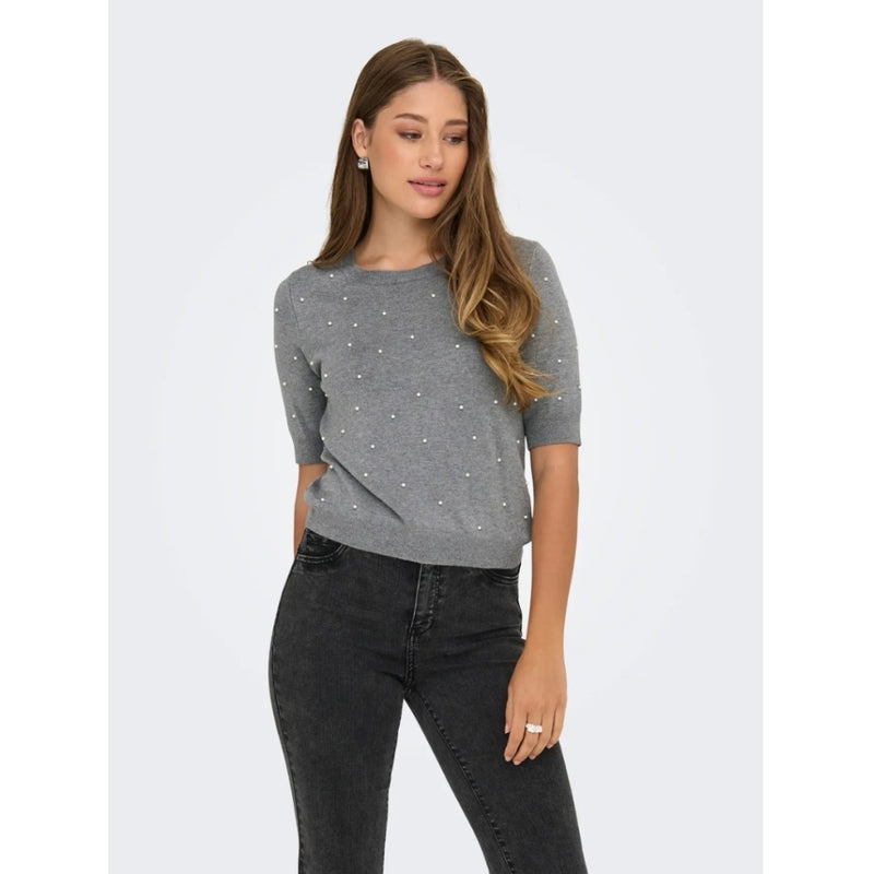 ONLY ONLY DAM STICKAD TRÖJA ONLVENICE Knit Light Grey Melange White Pearls