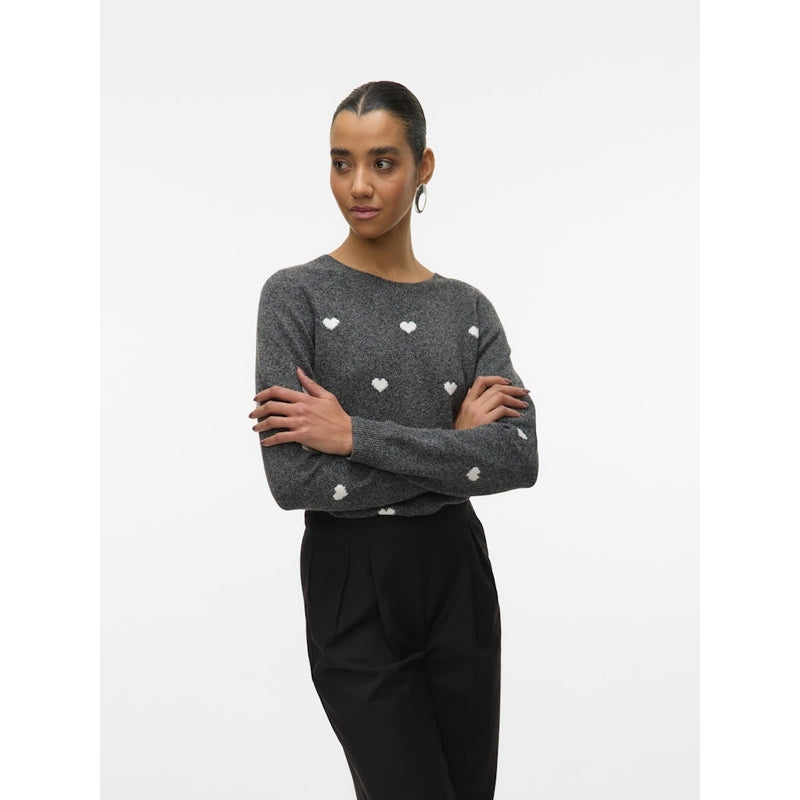 Vero Moda VERO MODA DAM STICKAD TRÖJA VMDOFFY Knit Dark Grey Melange White Hearts