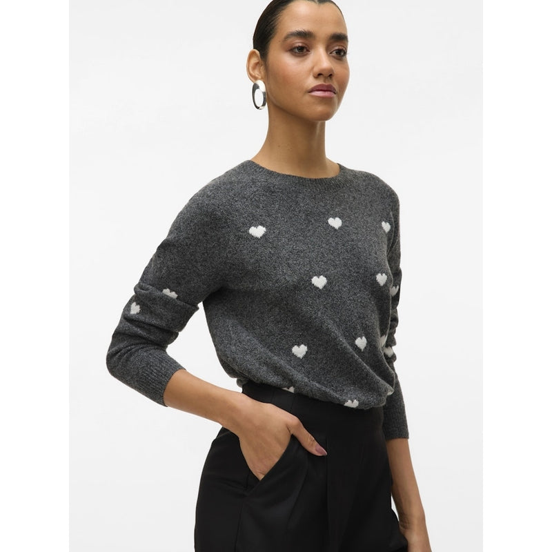 Vero Moda VERO MODA DAM STICKAD TRÖJA VMDOFFY Knit Dark Grey Melange White Hearts